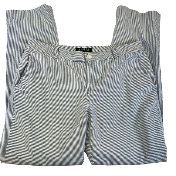 Ralph Lauren Green Label EDITA Lined Pant Slim Blue/White Pinstripe Sz 12 Petite - Picture 1 of 13